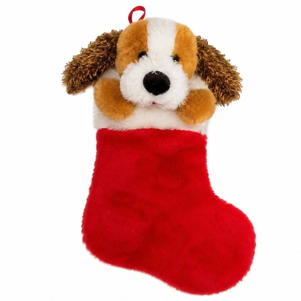 CUTE‎ PLUSH MUSICAL ANIMATED PUPPY DOG CHRISTMAS STOCKING RED WHITE BROWN WORKS